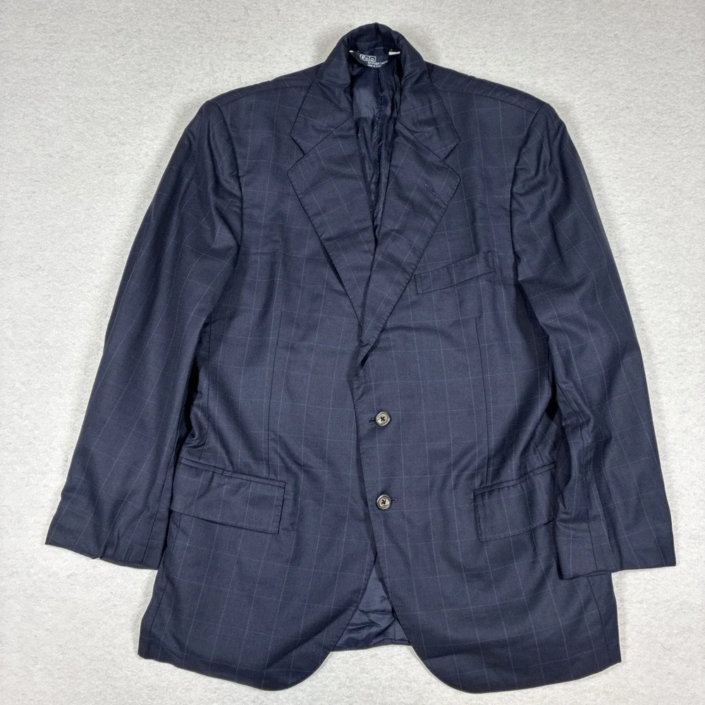 Vintage Polo Ralph Lauren Mens Navy Wool Cashmere Check Blazer 39S Made in Italy